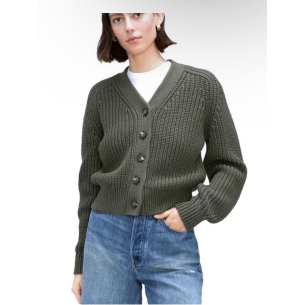 Everlane Olive Green Ribbed V-Neck Button Cardigan Sweater XS